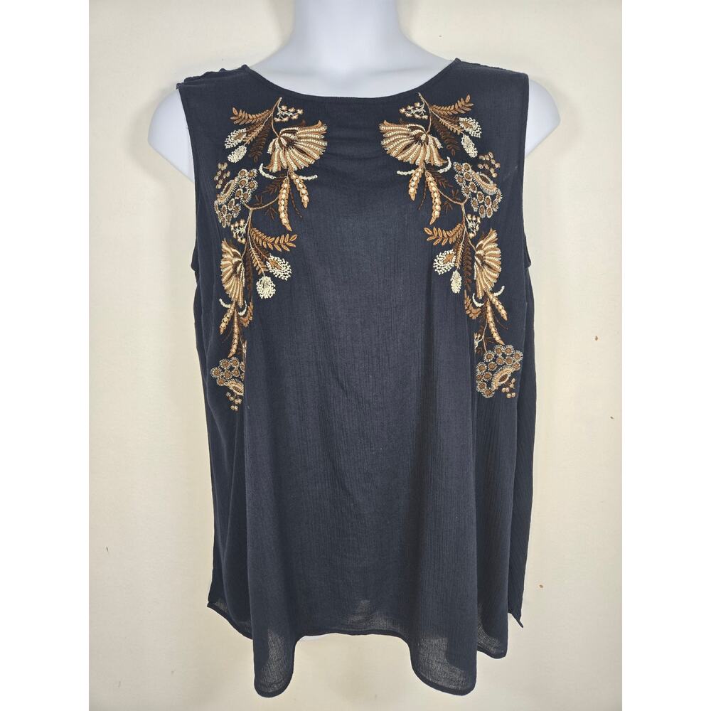 J Jill Women's Sleeveless Blue Top With Cream And Tan Floral Embroidery. Size XL